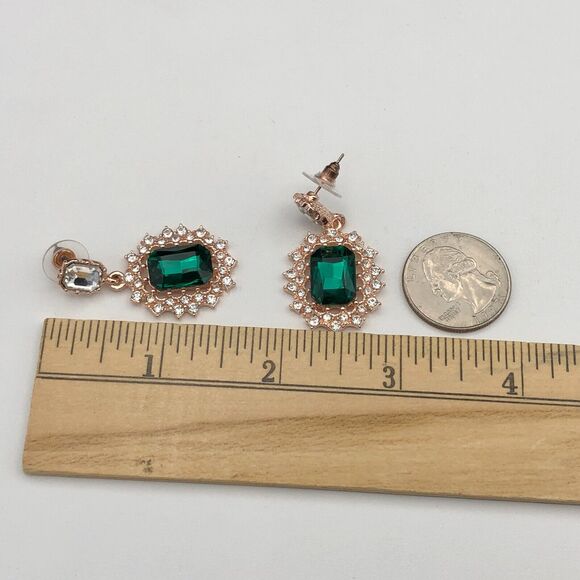 Simulated Emerald Earrings Green and Clear Crystals Cluster Bridal Dangles - Picture 4 of 6